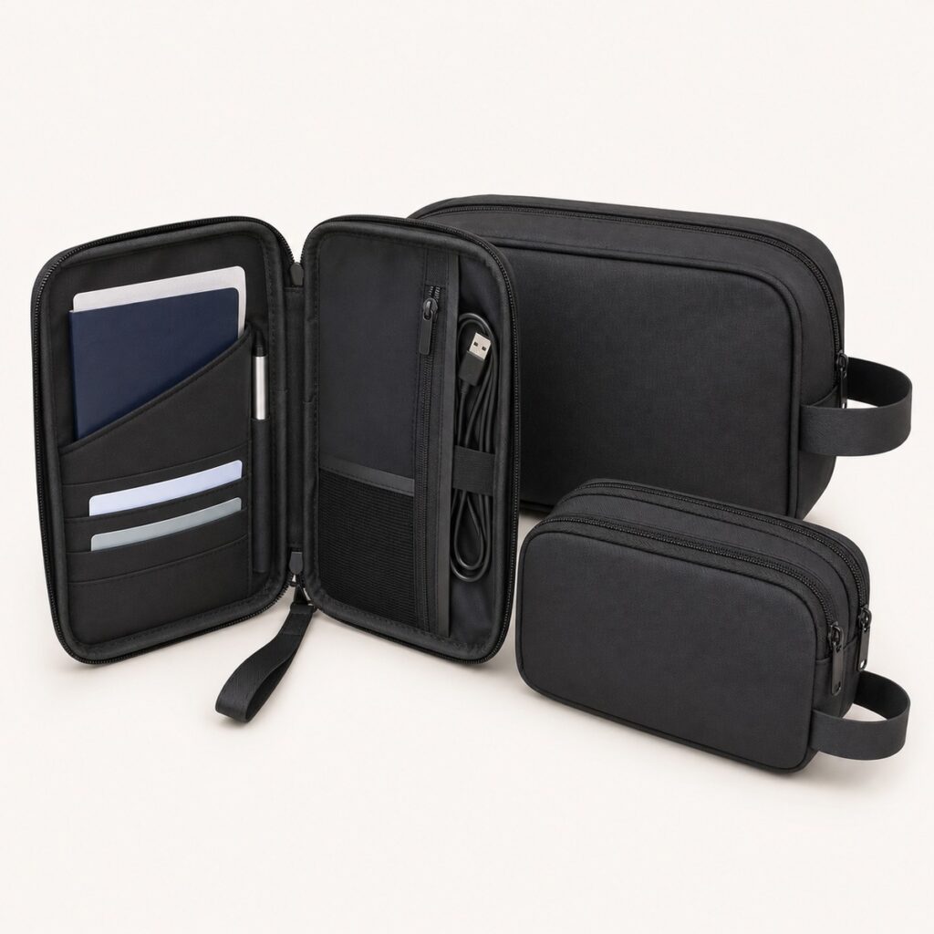 Passport Holder Toiletry Kit And Gadget Pouch Set