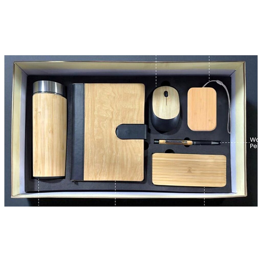 Bamboo 6-Piece Corporate Gift Set with Bottle, Notebook and Mouse