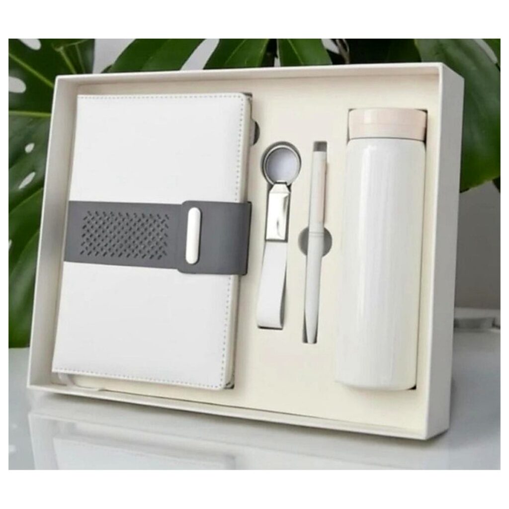 Premium employee welcome kit with branded notebook, pen and bottle