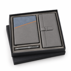 A4 3-in-1 Grey Faux Leather Notebook And Cheque Book Cover Set