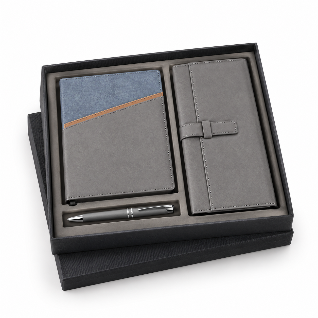 A4 3-in-1 Grey Faux Leather Notebook And Cheque Book Cover Set